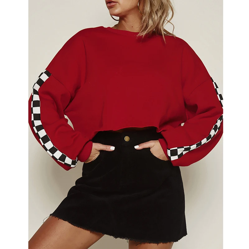 

Autumn Winter Casual Sweatshirt Women Red Ribbon Short Paragraph Long Sleeve Round Neck Pullovers Clothes Female sudadera mujer
