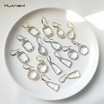 

HUANZHI 2019 Steel Needle Transparent Geometric Round Trapezoid Water Droplets Glass Drop Earrings for Women Vacation Wedding