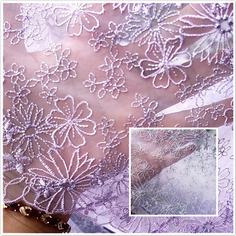 

15cm Wide Exquisite Silver Line Flower Embroidery Tulle Lace Fabric Wedding Dress Accessories Clothing Skirt Decoration Cloth