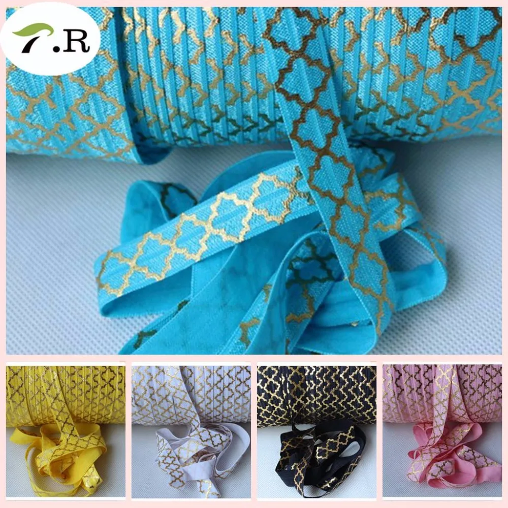 

11 Colors 5/8" gold foil large quatrefoil fold over elastic ribbons, gold quatrefoil foe elastic headband