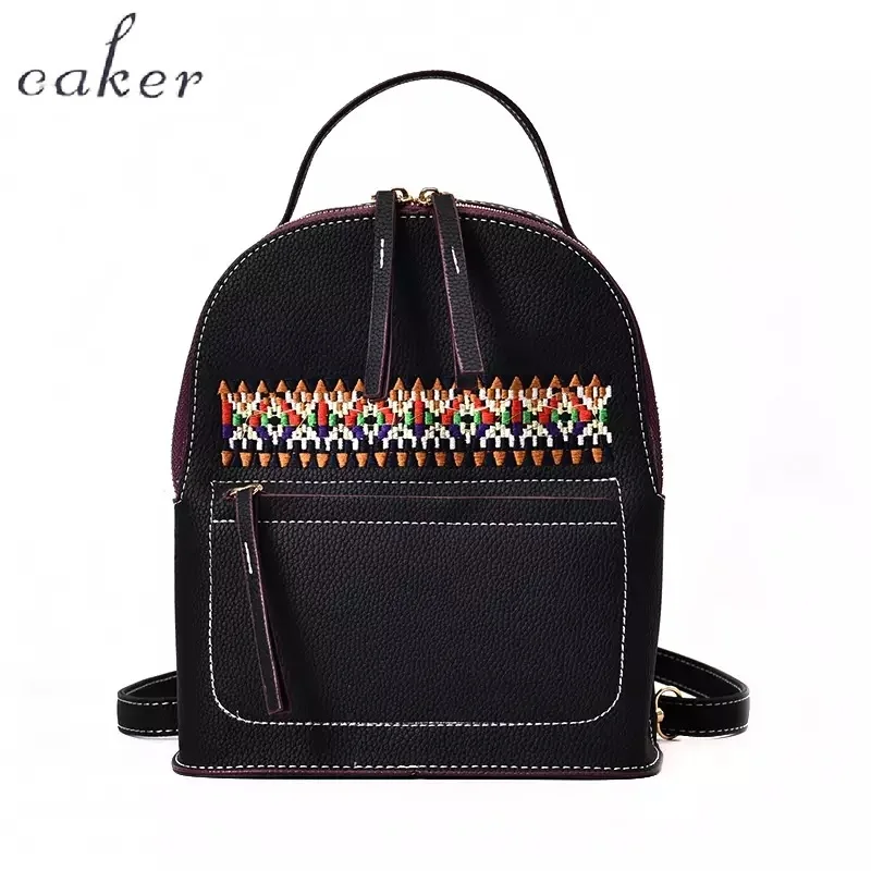 

Caker 2017 Embroidery Women Black PU Mini Backpacks National Preppy Style Shoulder Bags School Bags For Teenagers Travel Bag