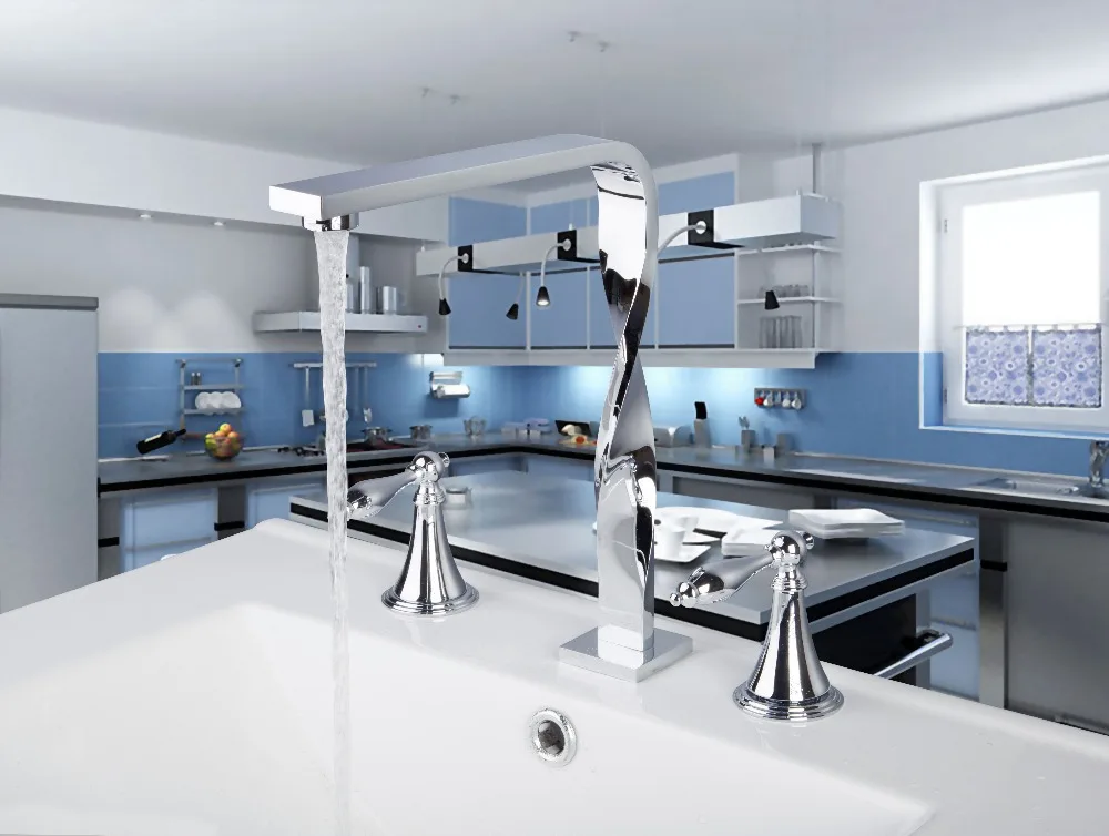 

Architecture> faucets, valves 3 PCS Deck Mounted Double Handles Bathroom Basin and sink Polished Chrome ML-013 Mixer Tap Faucet