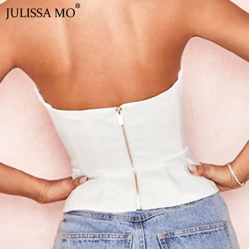 JULISSA MO White PU Leather Summer Tube Tank Top Women Strapless Backless Sexy Tanks Tops Fur Fashion Off Shoulder Bustier Tee