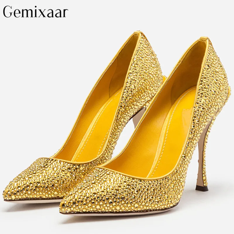 

Bling Pink Gold Slim Shallow Wedding Shoes Women Point Toe Thin High Heels Fashion Zapatos Elegant Solid Candy Color Pumps Woman