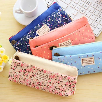 

Children Pencil Bag Fashion Pen Pouch Double Zipper Pure And Fresh Flower Cosmetic Bags Office Stationery Canvas Pencil Case