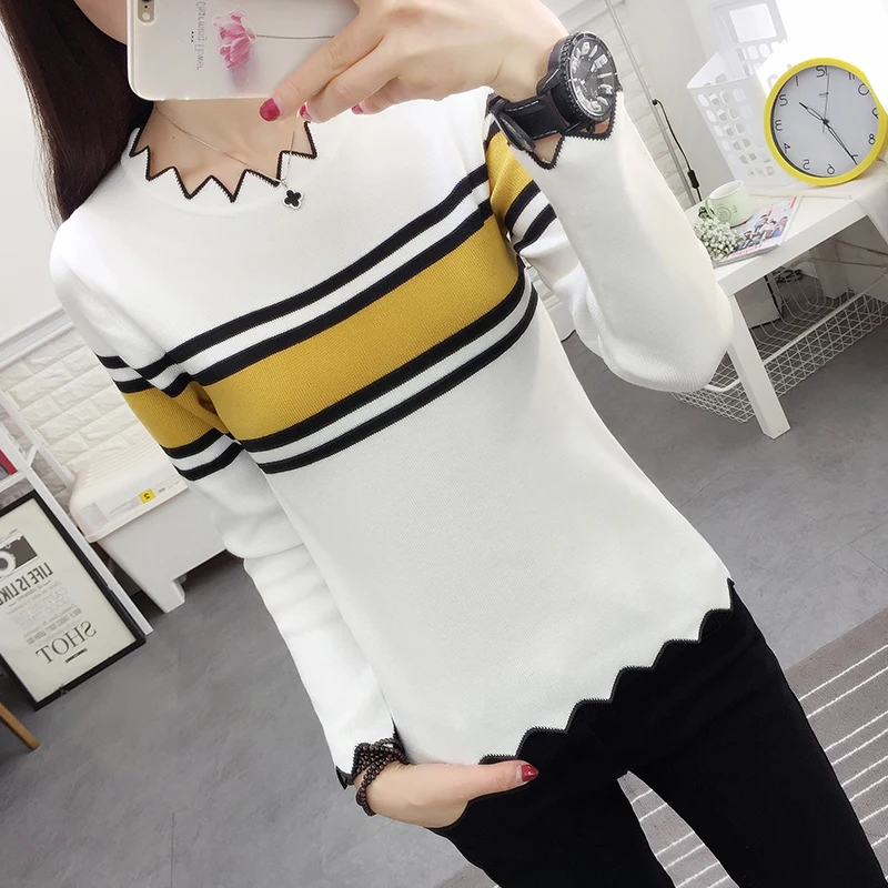 

New Spring Women Fashion Wave edge Striped Knitted Sweater Thin Short Style Slim Pullovers Shirt Tops Female