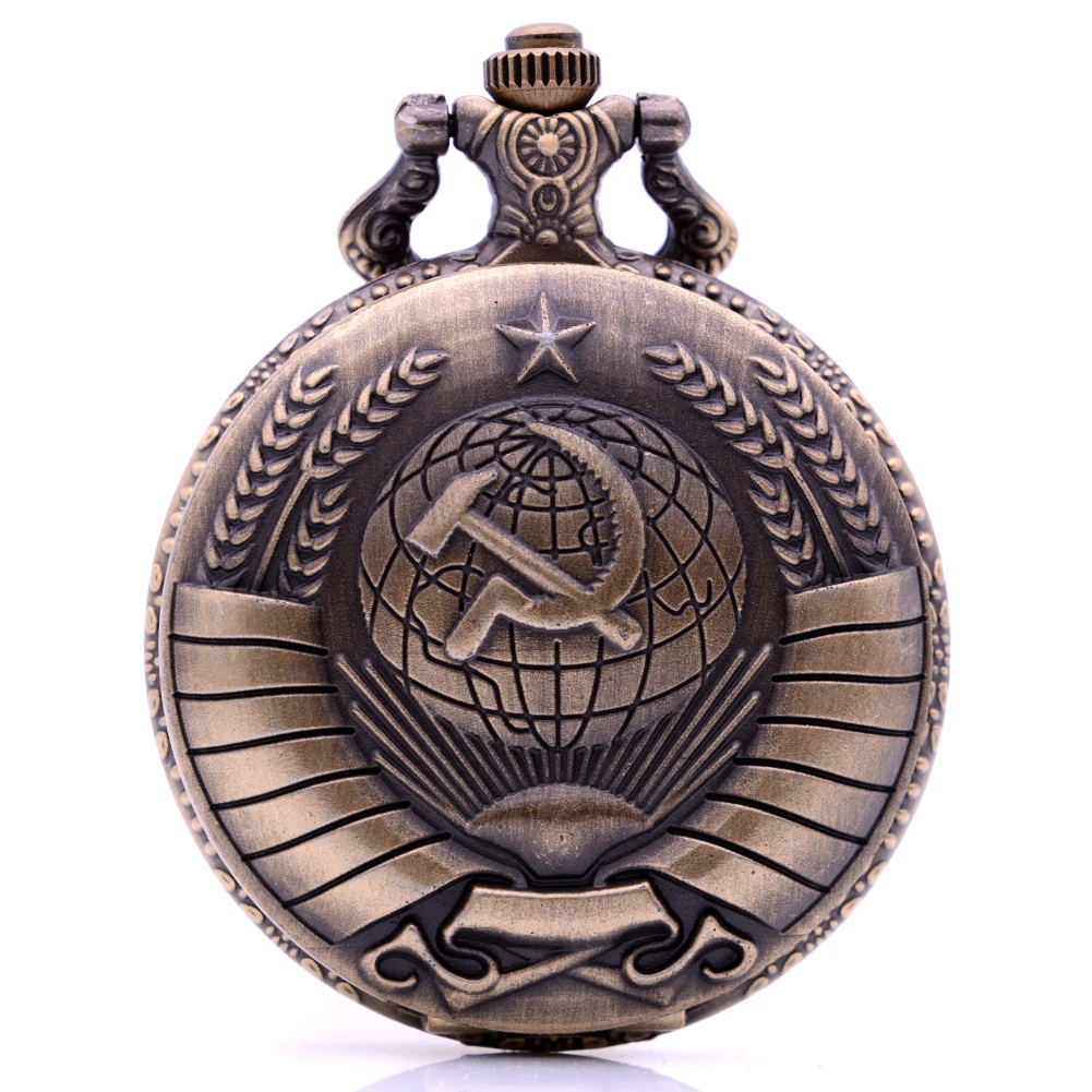 

Dropshipping Antique Soviet USSR Emblem Earth Sickle Hammer Communism Dial Quartz Pocket Watch Mens Womens Pendant Necklace Gift