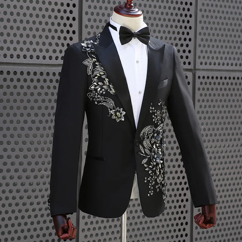 Pyjtrl ذكر الأسود المزدوج الجانب 3d الكريستال التطريز الزهور الدعاوى زي مرحلة المغني ملهى بار الزفاف سترة مع السراويل