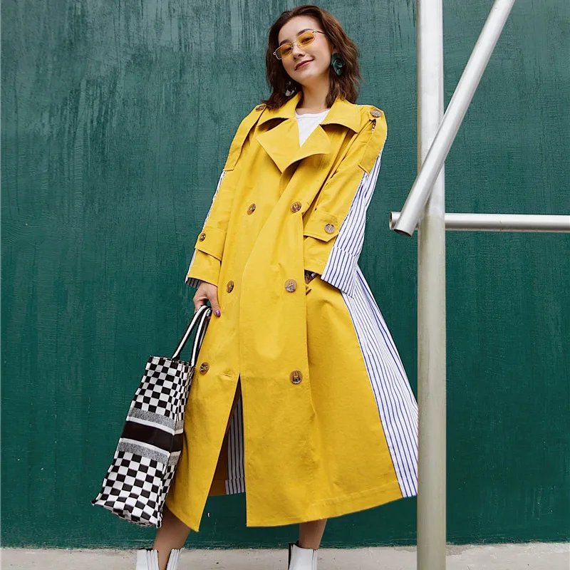 

TREND-Setter 2019 Spring Fashion Yellow Trench Coat Women Long Sleeve Casual Loose Striped Outwear