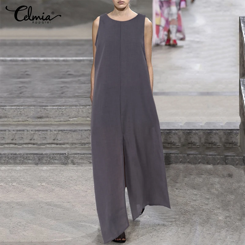 

Vintage Women Sleeveless Shirt Dress Celmia 2019 Summer Sexy Maxi Long Vestidos Lady Casual Split Beach Party Sundress Plus Size
