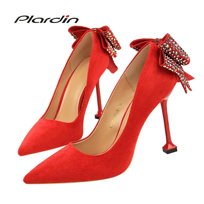 

Plardin New Thin High Heel Pumps Women High Heels Shallow Butterfly-knot Crystal Woman Sexy Elegant Party Wedding Ladies Shoes