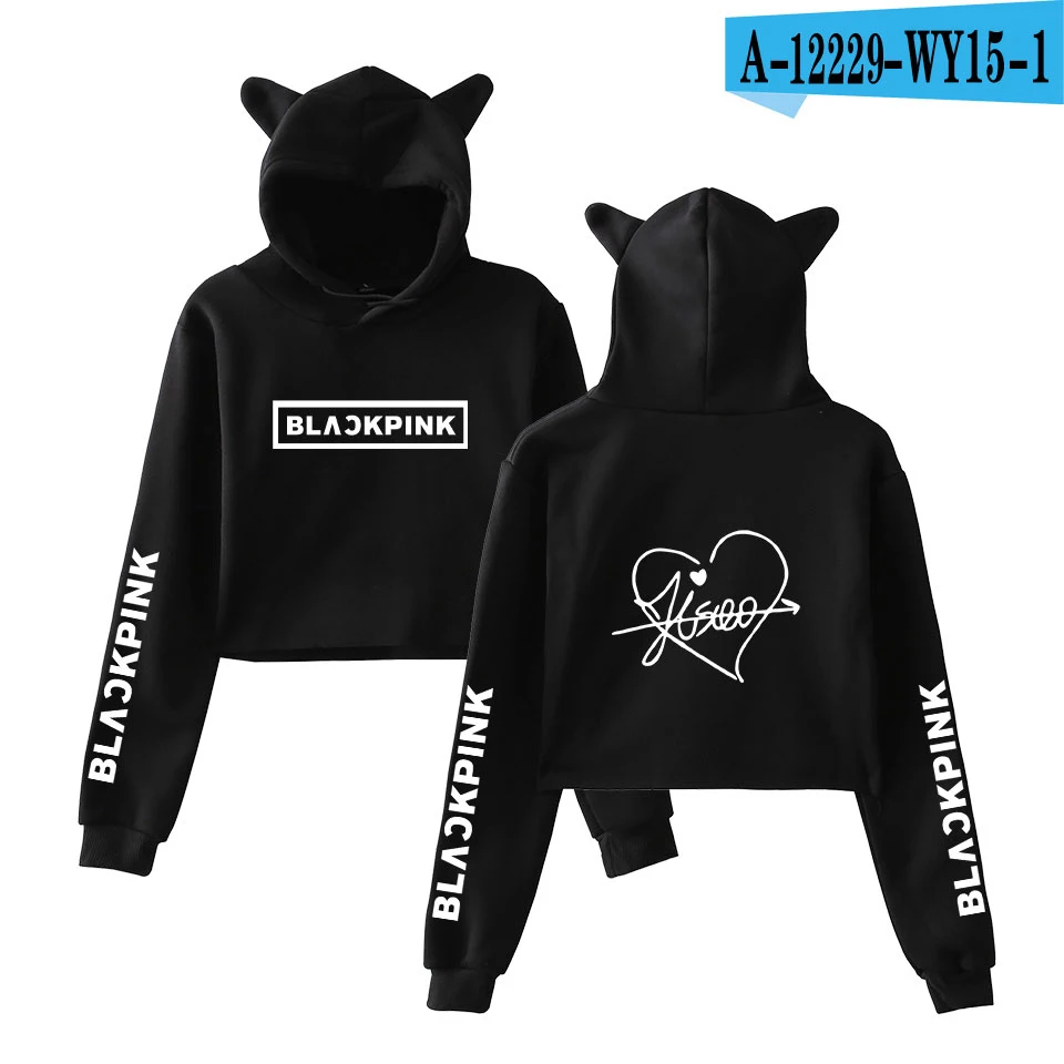 Blackpink harajuku Cat Ear Cap Hoodies fashion trend sala Cat Crop Top Women Hoodies Sweatshirt Sexy hot Kpop Clothes - Цвет: black