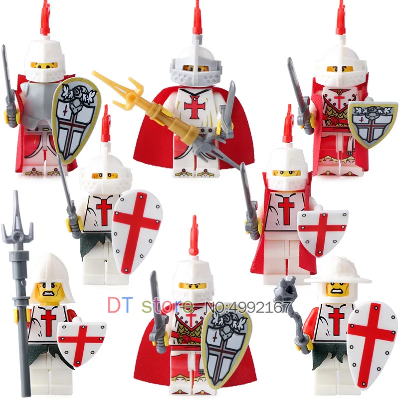 

8Pcs/Lot Legoing Building Blocks Figures Medieval Castle Army Crusader Knight with weapons Action Bricks Toys For Kids 9818