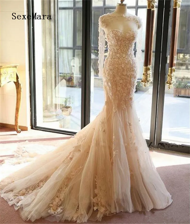 Elegant Blush Pink Mermaid Wedding Dresses with Long Sleeve 3D Flower