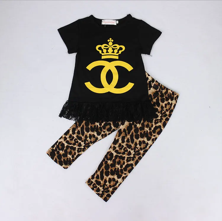 

Summer Toddler Girl 2Pcs Baby Girls Cotton Clothes Yellow Letter TShirt With Black Lace +Leopard Print Pants