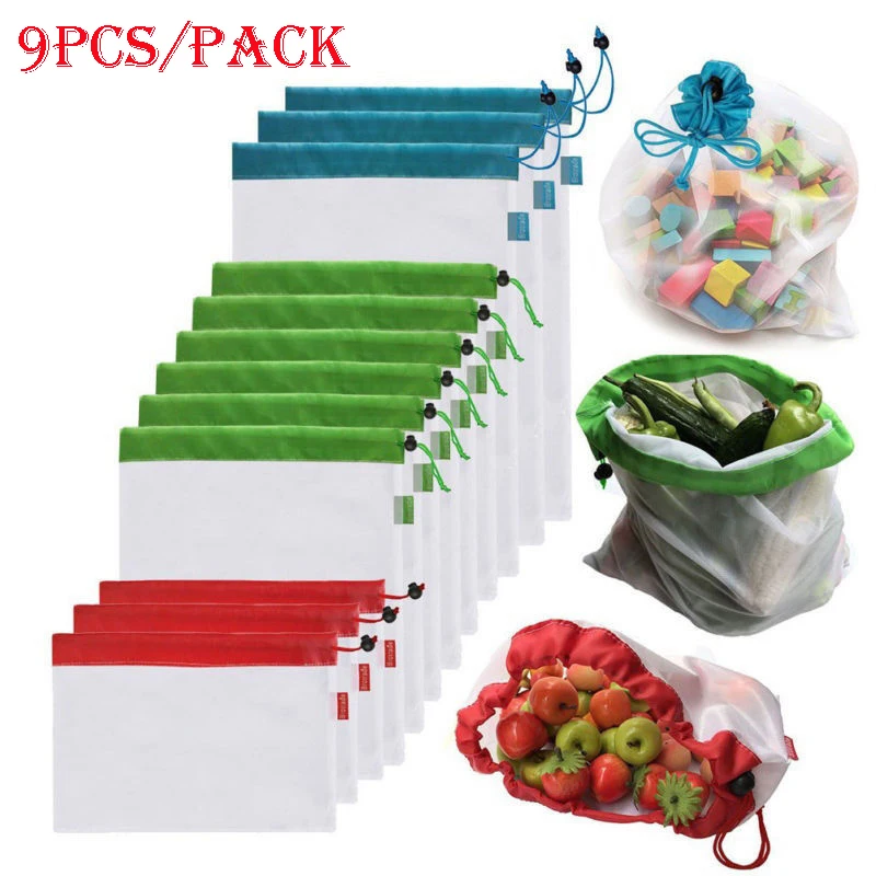 9Pcs Reusable Mesh Produce Laundry Bags Vegetable Fruit Toys Shoe Net Storage Pouch Rope Organizer Grocery Washable Handbag Sale | Дом и сад