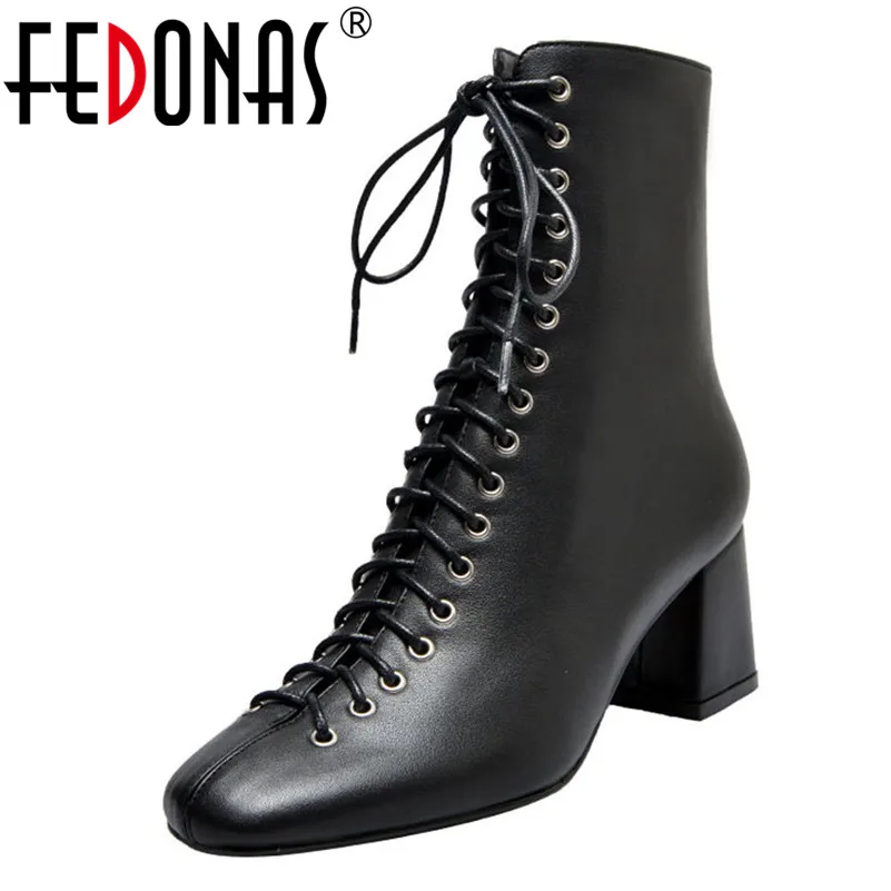 

FEDONAS Euro Style New Arrival Fashion Women Ankle Boots Autumn Winter Cross-tied Square Toe Sexy Party Night Club Shoes Woman