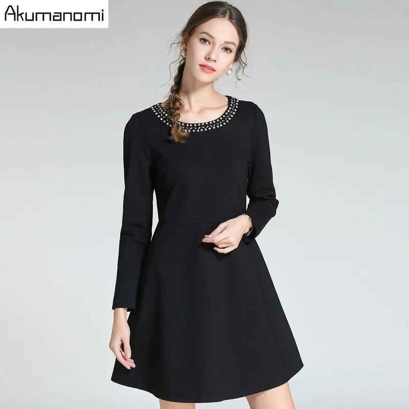 

Autumn Dress Women Clothing Beading Diamonds O-neck Full Sleeve Brief Office Lady Spring Dress Plus Size 5xl 4xl 3xl 2xl Xl-m