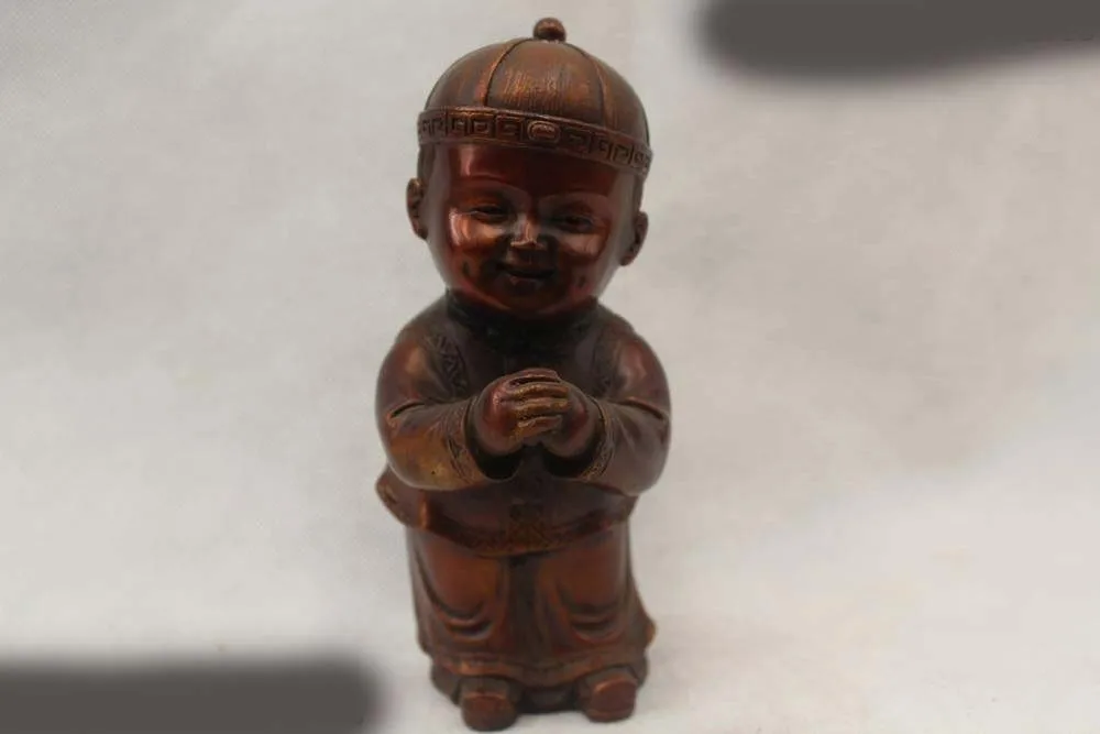 

7"China Chinese Folk Red Bronze Wealth Boy Lad congratulation Statue Sculpture