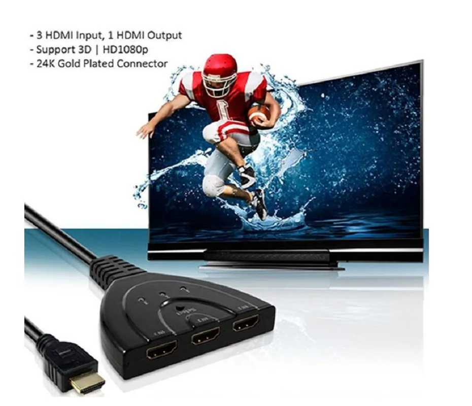 HD 3-Порты и разъёмы HDMI коммутатора с помощью соединительного кабеля