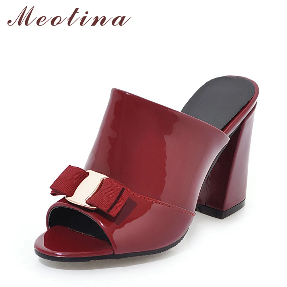 

Meotina Women Shoes Summer High Heels Peep Toe Ladies Party Shoes Bow Block Heel Female Slipper Outdoor Red Black Big Size 34-43