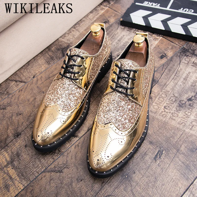 Mode Zapatos Noir Chaussure Homme or Noir Verni Masculine Hommes 2019 Hombre En Chaussures Or Formelle Affaires Sequin Cuir Robe qvzFtZ