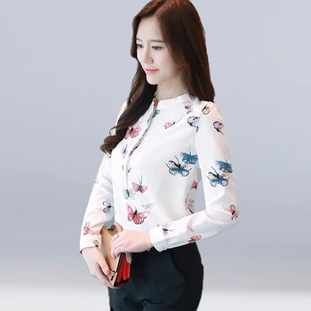 

Women Printed Chiffon Shirts Office Lady OL Blouses Tops 2020 Spring Fashion Long Sleeve Blouses Femme Blusa