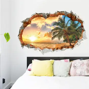 

3d Effect Sunset Sea Beach Wall Stickers Home Decor Living Room Bedroom Pvc Scenery Mural Art Diy Landscape Posters Wall Decals