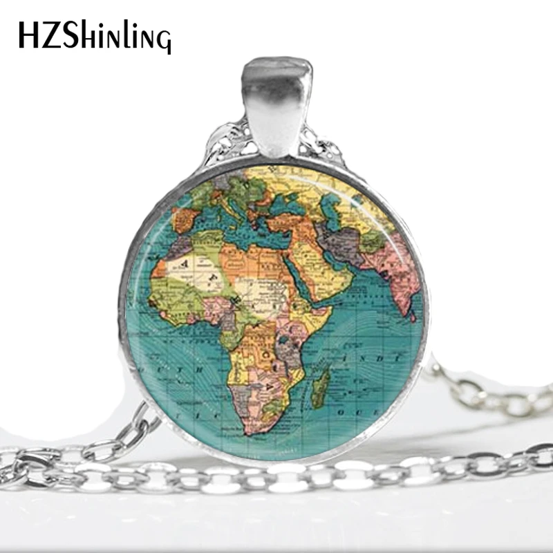 

HZ--A55 2017 New World Map Necklace Map Pendant Necklaces Travel World Map Pendant Glass Cabochon Dome Pendant HZ1