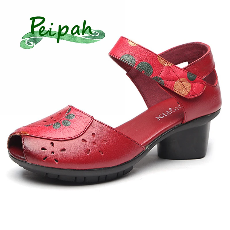 

PEIPAH 2019 designer handmade summer Genuine Leather sandals female thick with hollow fish mouth leather retro mother shoes