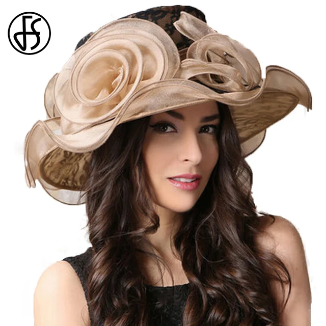 FS Black Large Brim Ladies Wedding Hat For Women Summer Fedora With Lace Flower Elegant Kentucky