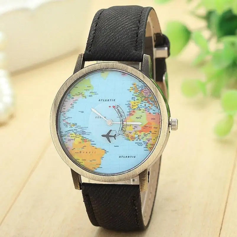 В настоящий момент# N03 Мода Глобальный путешествия на самолете карта Для женщин часы нарядные часы ремешок из джинсовой ткани часы для мужчин relogio feminino - Цвет: Черный