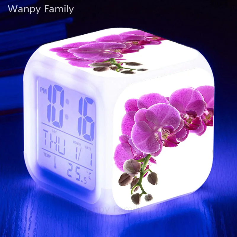 Pink Butterfly Orchid Alarm Clock 7 Color Glowing Led Digital Alarm
