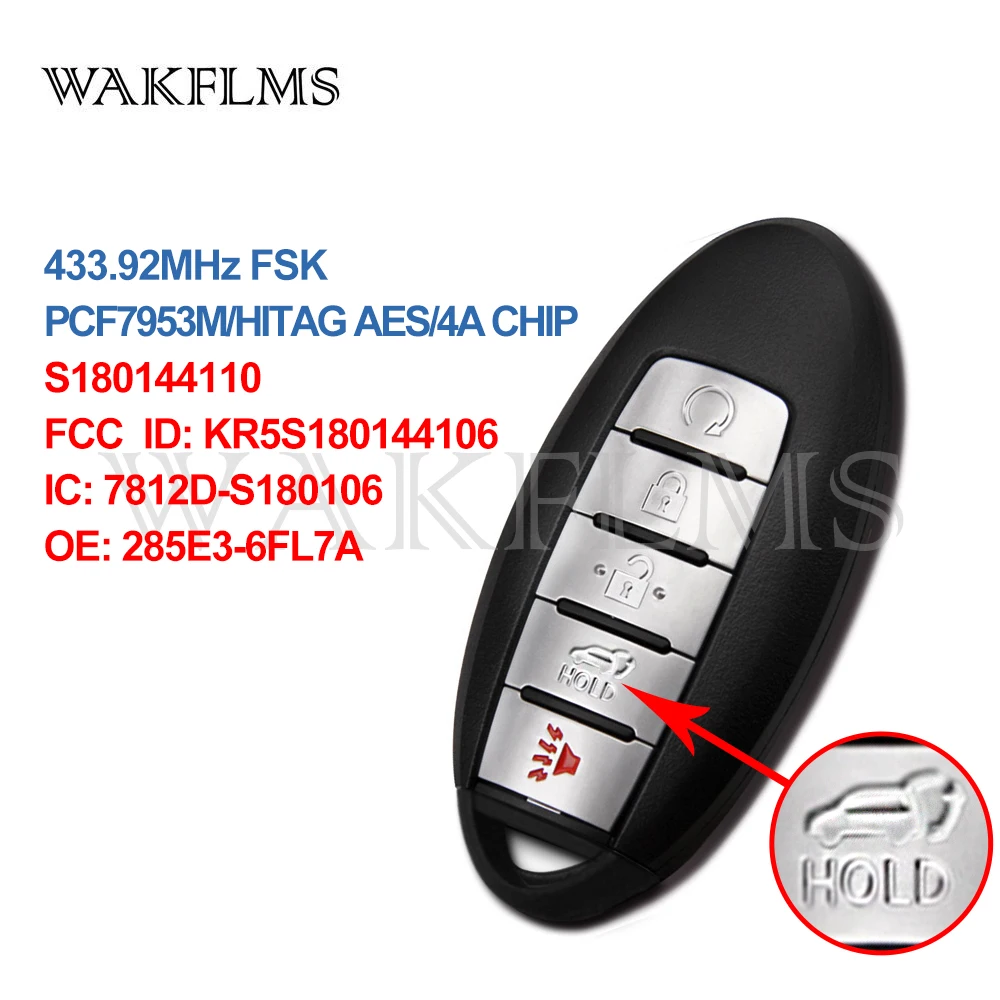

5 Button Smart Remote Car Key 433.92Mhz For Nissan Rogue 2017-2019 with PCF7953M HITAG AES 4A CHIP KR5S180144106 S180144110