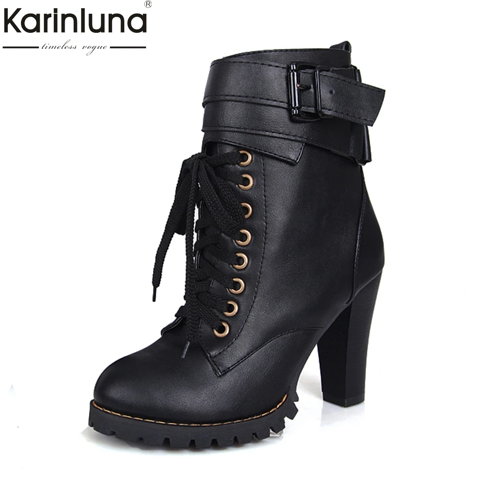 

KarinLuna 2018 large Sizes 34-48 Ankle Boots belt buckles fashion High Heel women Shoes woman Autumn Winter Warm Fur Boots shoe