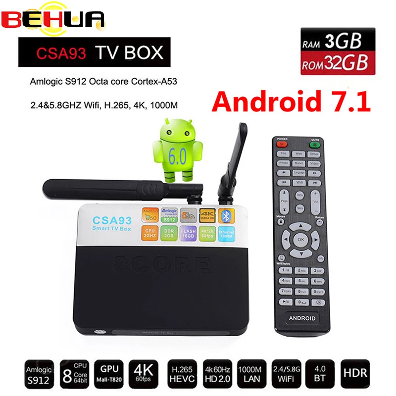

CSA93 Android 7.1 OS Smart TV Box 3GB 32GB Amlogic S912 Octa Core Wifi BT4.0 2.4G/5.8G Bluetooth 4K 1000M LAN 17.3 Set Top Box