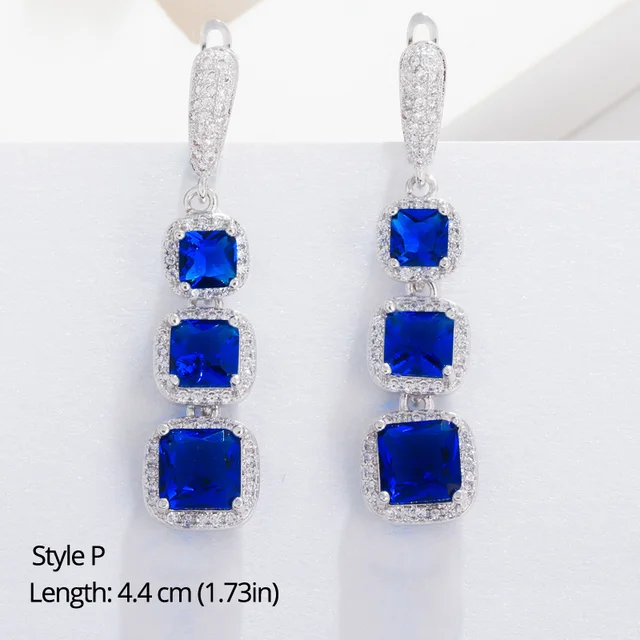 BeaQueen Leaf Flower Teardrop Cubic Zircon Royal Jewellery Big Dark Blue CZ Crystal Long Dangle Wedding Earrings for Women E293 Style P