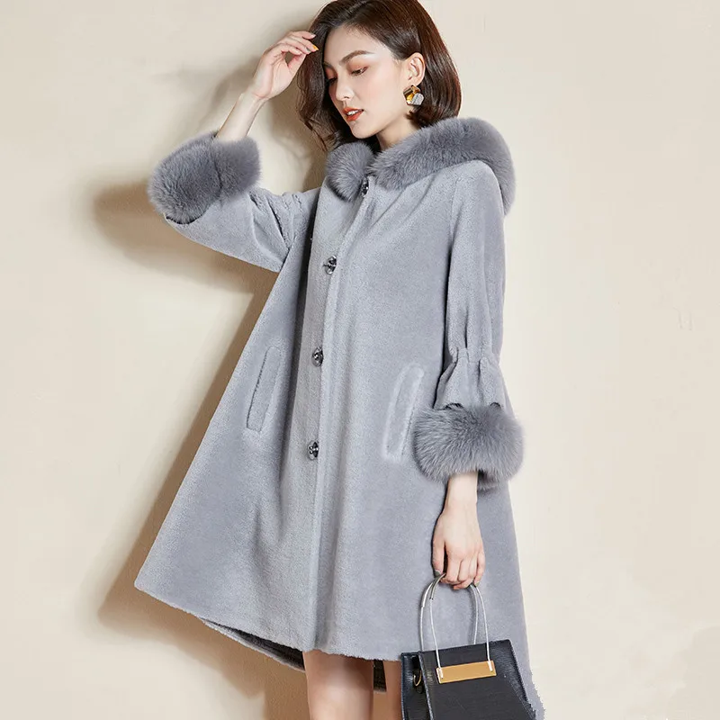 HANZANGL 2018 Winter Wool Coat Women's Faux Fur Coat Long Sleeve Fox Fur Hooded Warm Cashmere Jacket Overcoat Plus size S-3XL