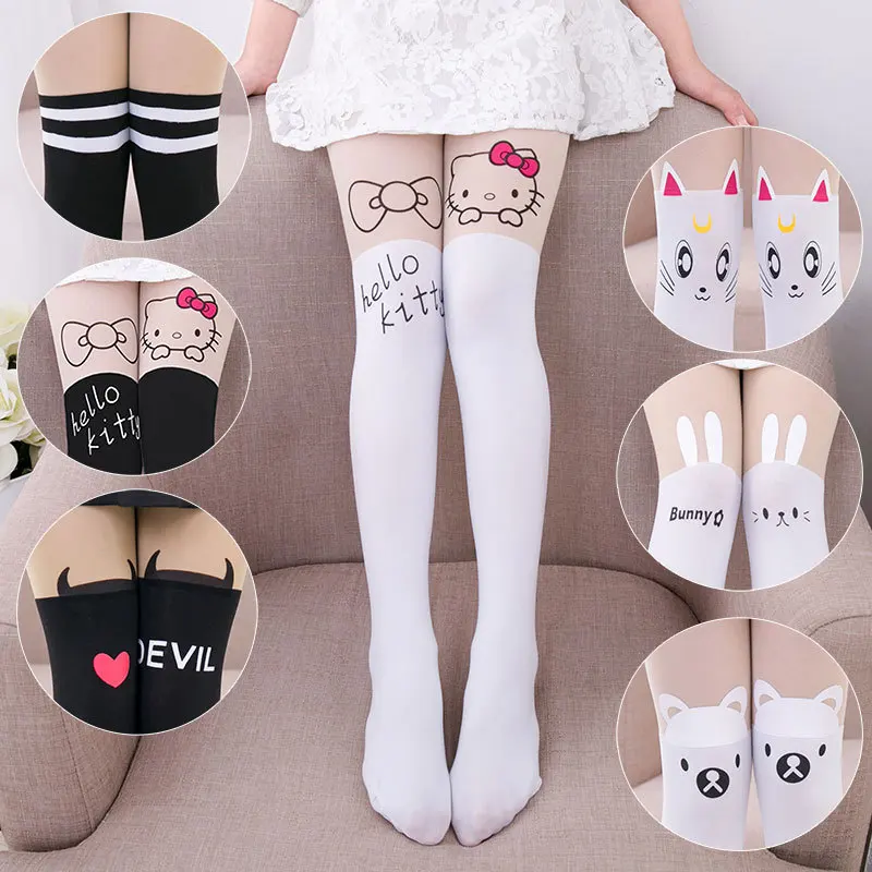 

Children's Princess Girl Tights Stockings Baby Cute Pantyhose Kids tights Knee Fake Velvet Stocking White Cartoon cat