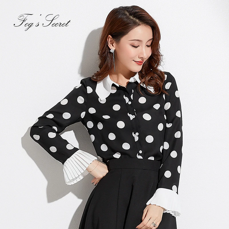 Women Chiffon Blouses Black Polka Dot minimalist long