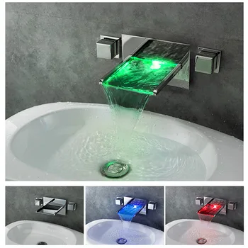 

Waterfall Bathroom LED Basin Faucet Wall Mounted LED Light Basin Mixer Taps Temperature Sensitive Color Changing
