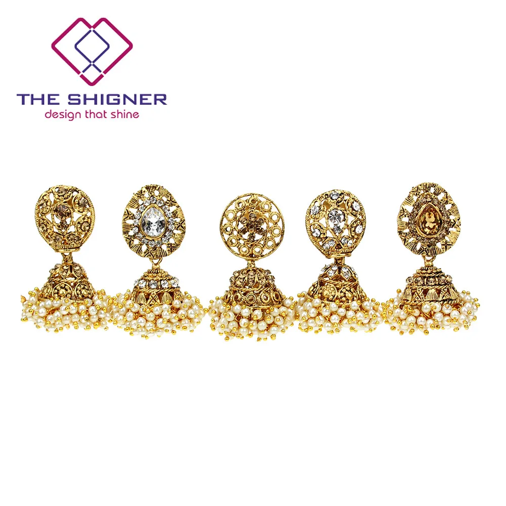 

THE SHIGNER Indian Tradition Jewelry Bombay Fashion Stylish Fancy Party Wear Gold Color Pearl Jhumki Jhumka Dangle Earrings