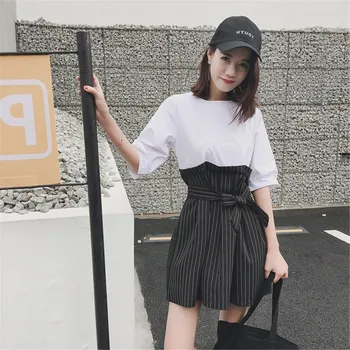 

Simple Elegant Fake Contrast Lady Sash Mini Sleeve Stripe Office Dresses Women Piece Summer Two Five-point Dress