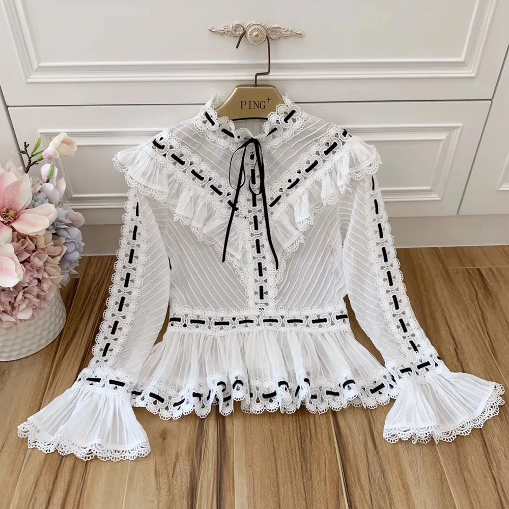 

Red RoosaRosee Designer Women Autumn White Cotton Blouse Vintage Stand Collar Ruffles Flare Sleeve Female Party Top Shirt New