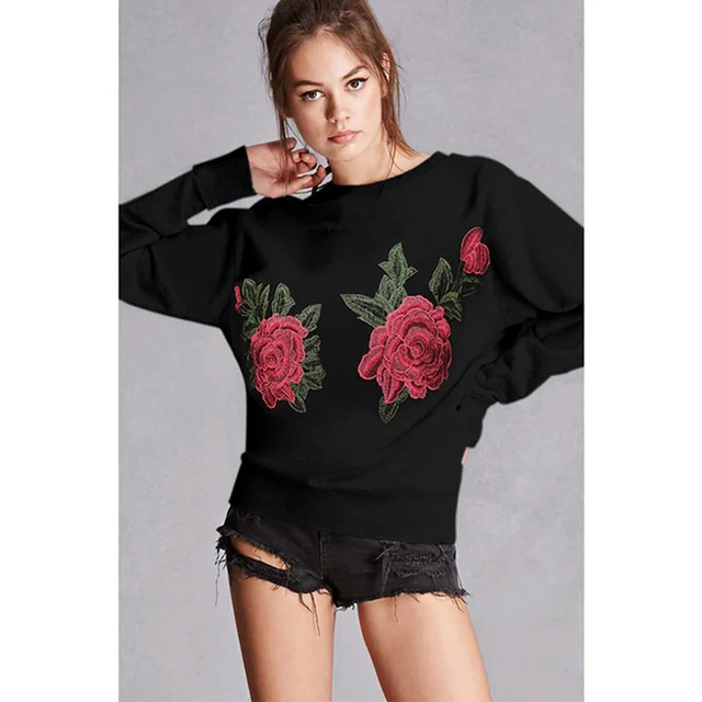Roses Embroidered Sweatshirts Long Sleeve Casual Women Pullovers Black