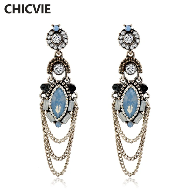 

CHICVIE Long Silver plated Tassel Hanging Earrings for Women Black Retro Crystal Dangle Drop Earring Fashion Jewelry SER160111