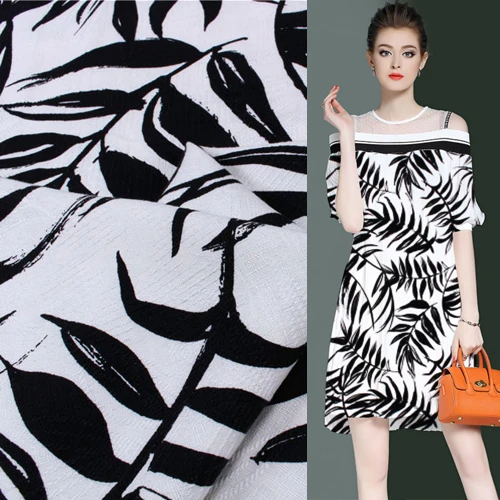 

Black leaves print on white bottom spun silk fabric 130cm width thick,SRS053