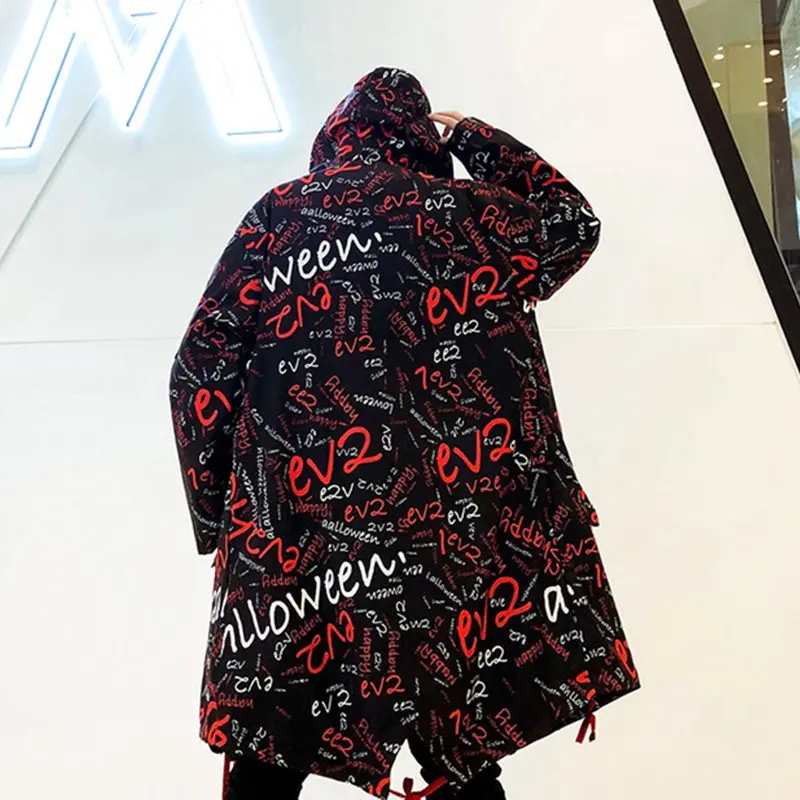 

Hip Hop Personality Handsome Men's Jacket Long Hooded Windbreaker Letter Graffiti Printing Loose Coat