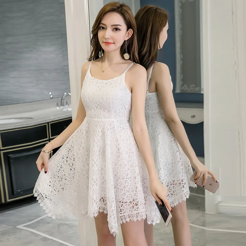 2018 New Hollow out lace dress women elegant spaghetti strap white lace sling dress vintage sleeveless black crochet dresses