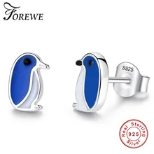 FOREWE, милые маленькийе серьга в форме пингвина ювелирных изделий 925 пробы серебро Голубая Эмаль серьги-гвоздики уникальные серьги для девочек